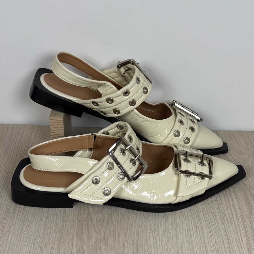 Slingback Flats Ganni Womens 40 White Buckle Pointed Toe Patent Leather Grommet